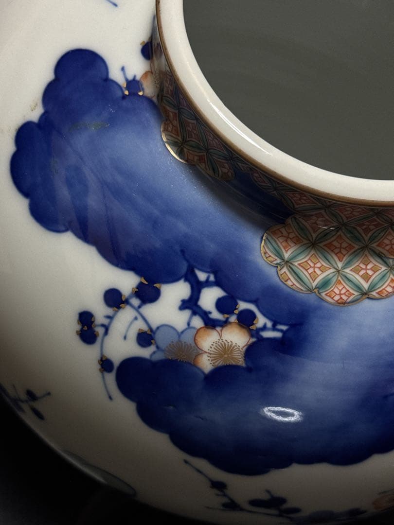 希少 オールド香蘭社 染錦 手描 華鳥七宝紋雲図 花瓶 花生 壷