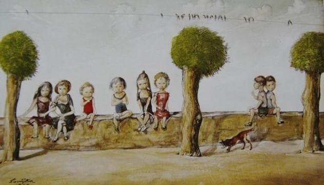 藤田嗣治、【つばめと子供たち 】、希少な限定額装用画集画、新品高級額 額装付