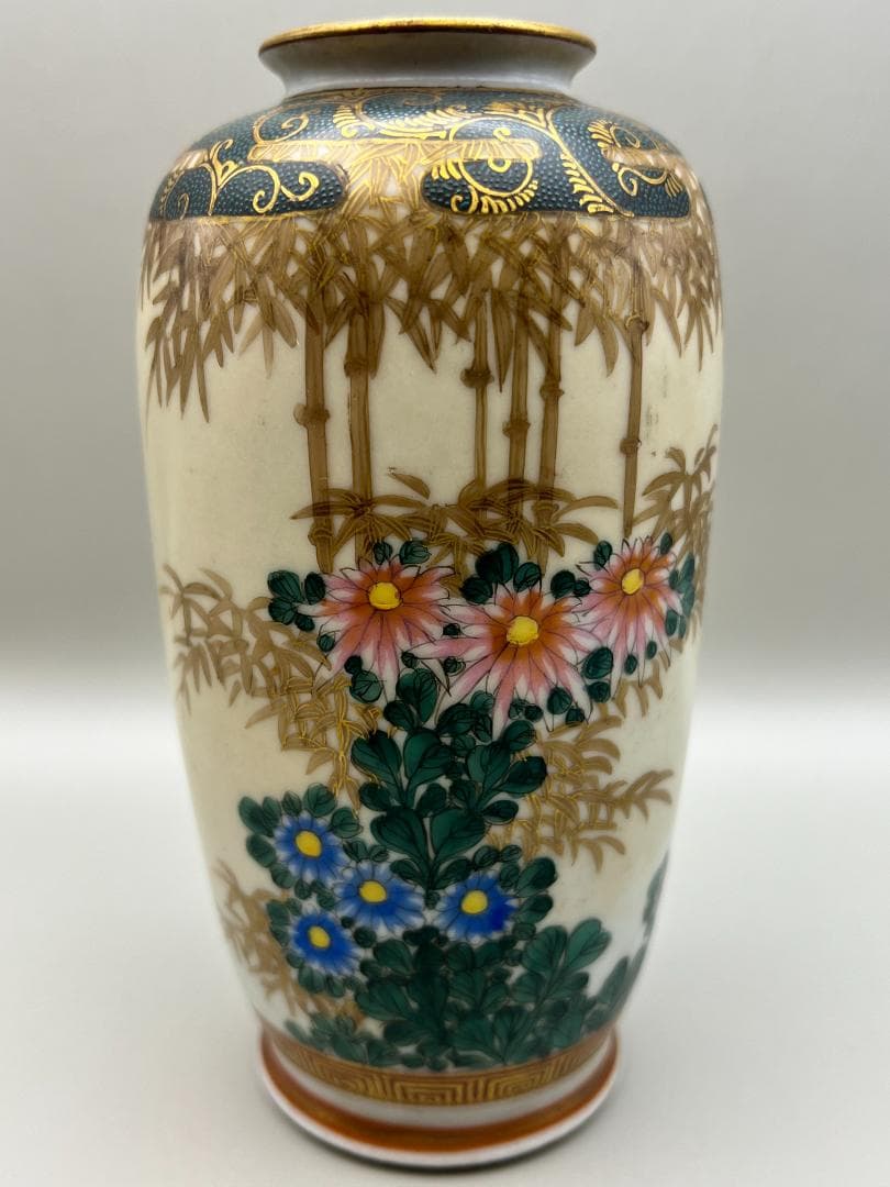 【海】江戸後期　久谷焼　竹花文上級金彩花瓶　谷口在銘　骨董品　時代品 美術品
