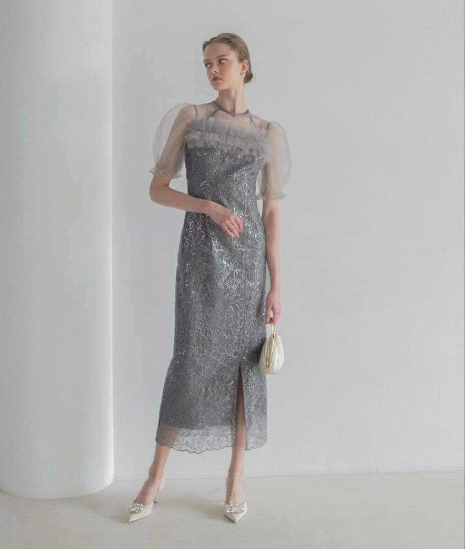 leja チュールフラワースパンコールIラインワンピースドレス　結婚式