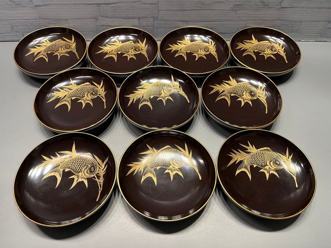 時代　沈金蒔絵　鯛の図　木皿　十枚　木製