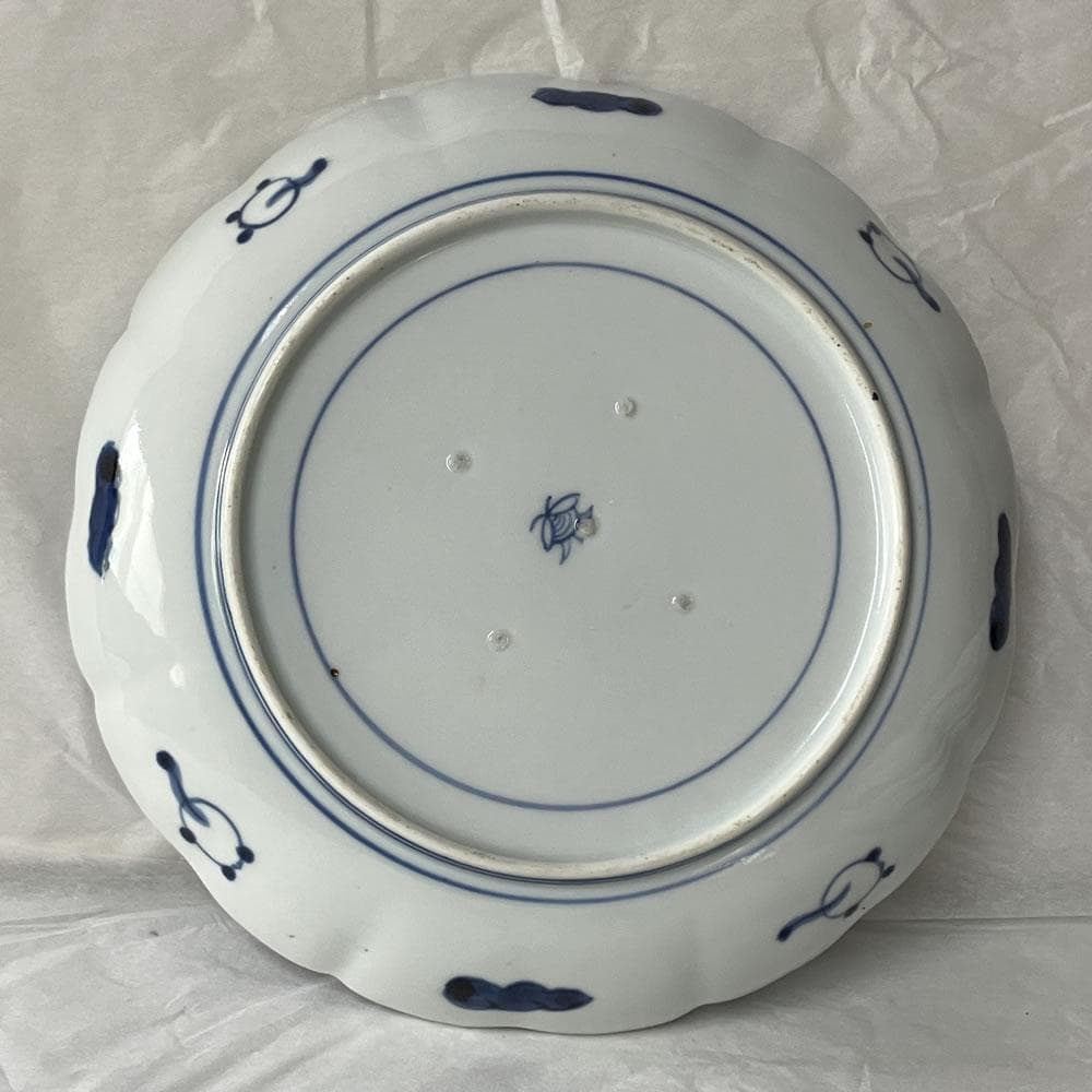 p055 古伊万里 染付 七寸皿 ５枚 牡丹唐草 輪花皿 輪花縁 皿