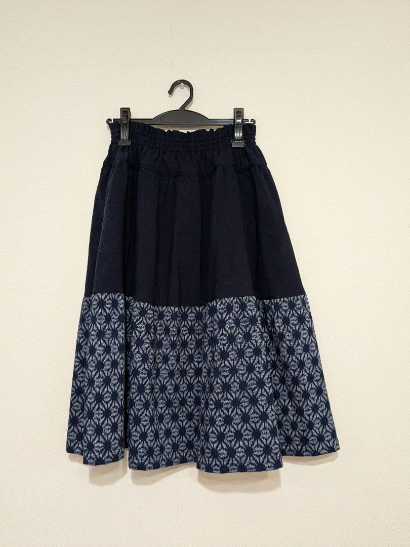 久留米絣　手織り　ネイビー フレアスカート 切り替え　藍暦　AIGOYOMI