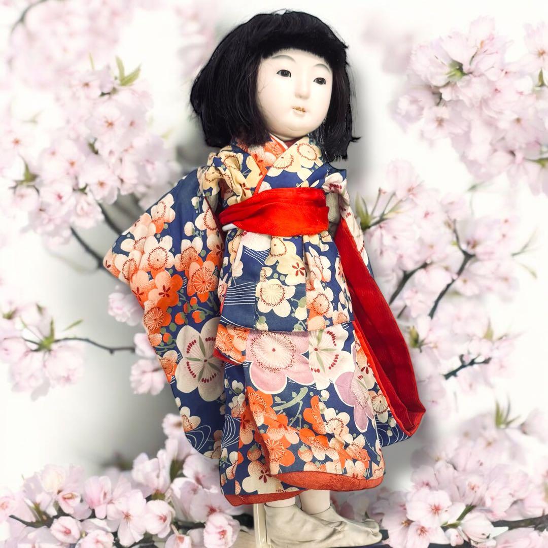 市松人形 明治期 三つ折れ ふいご 山桜 青縮緬着物 花柄 ガラス目 希少 泣き