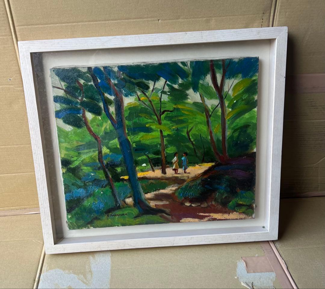 風景油彩画 子供たちが歩く