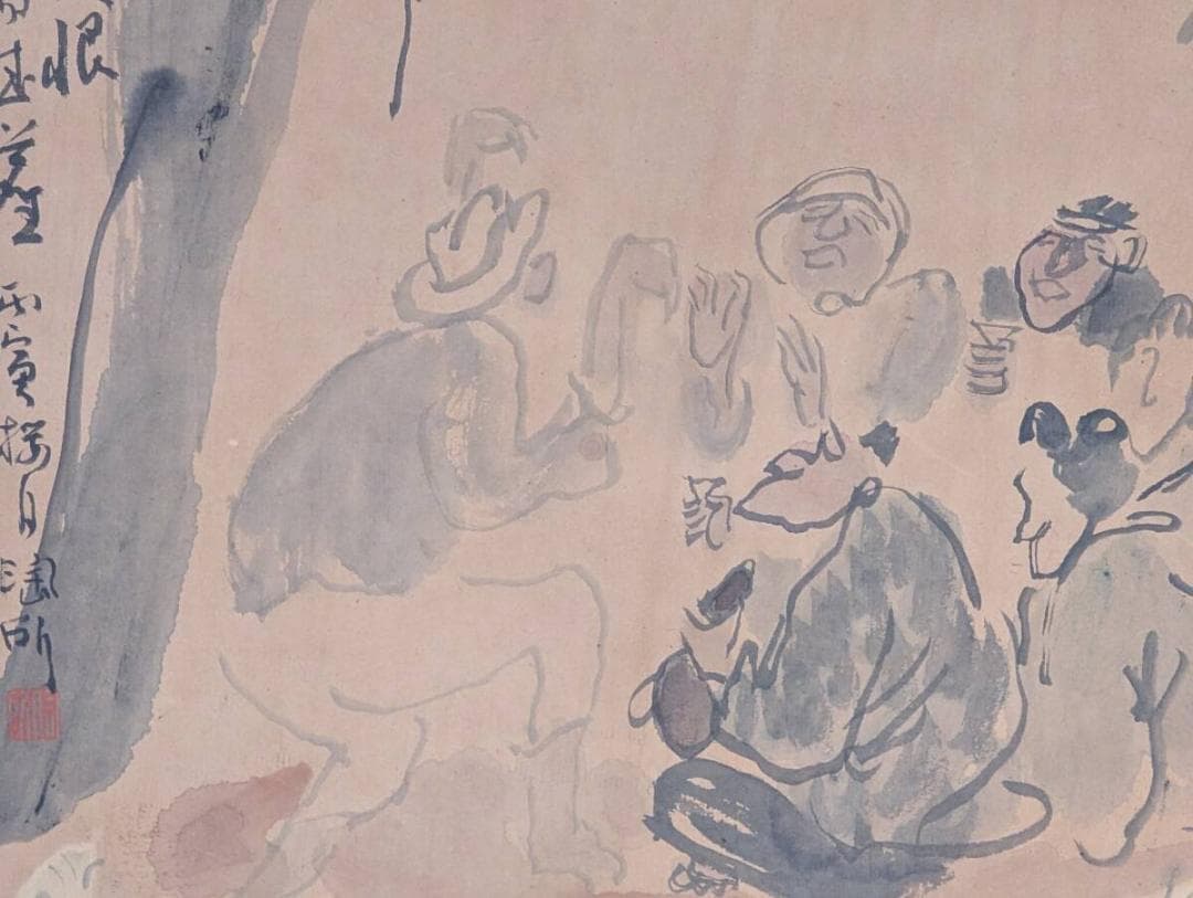 【真作】絵画　日本画（色紙）　酒席の賑わい　文人墨彩画　漢詩と人物群像　Y74