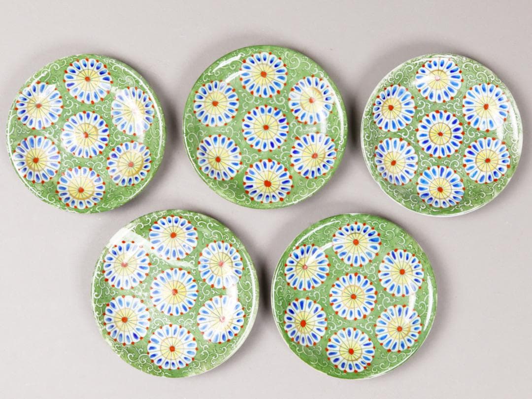 印判菊花緑 4寸皿 5客