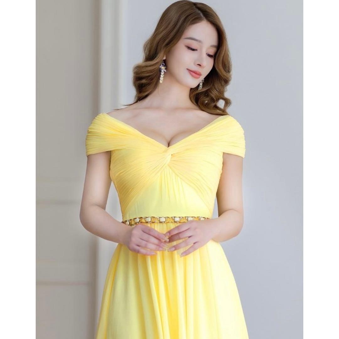 SETTAN イエロー ビジュー　オフショル　ロングドレス
