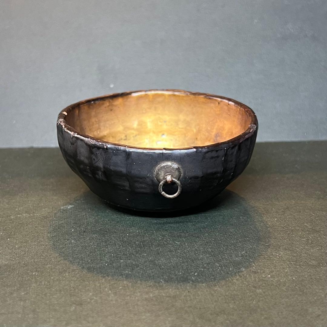 江戸期 木製 金蒔絵 笹丸紋 道中盃◎提げ環付 刳貫き 時代漆器◎古美術庵々