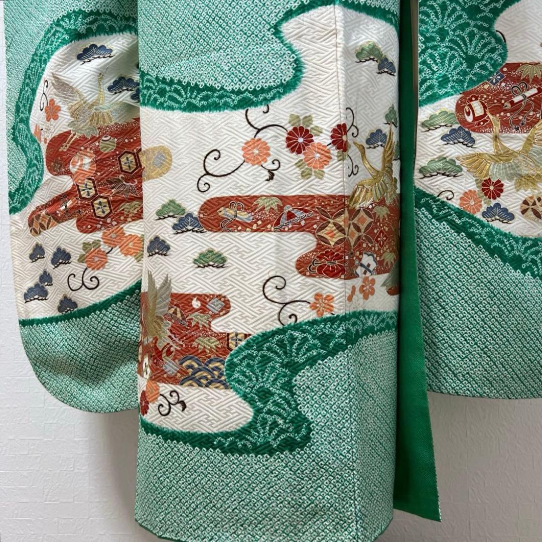 461 振袖フルセット 正絹 緑 グリーン 絞り 金彩 駒刺繍 やまと レトロ