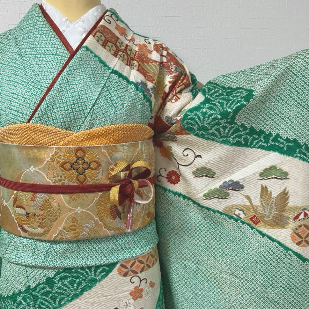 461 振袖フルセット 正絹 緑 グリーン 絞り 金彩 駒刺繍 やまと レトロ