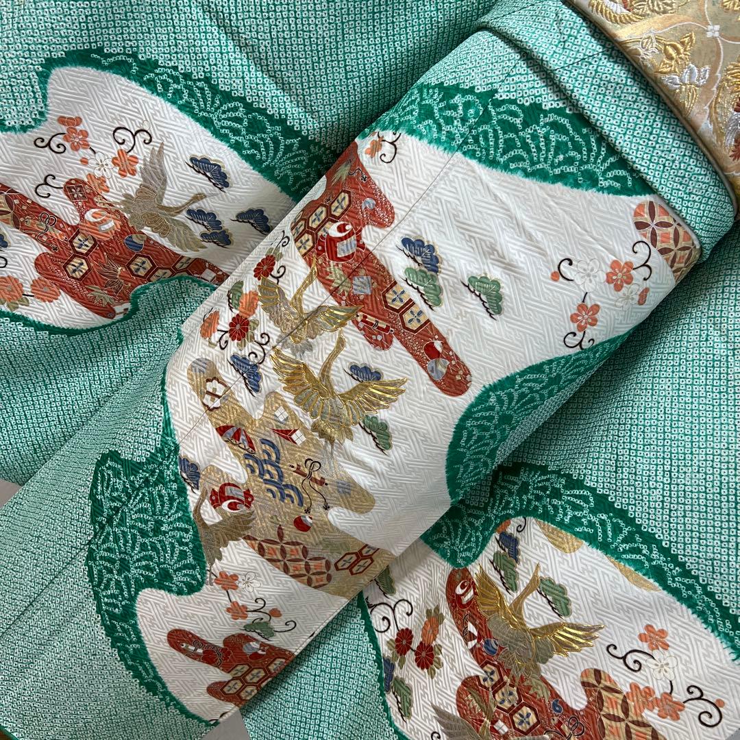 461 振袖フルセット 正絹 緑 グリーン 絞り 金彩 駒刺繍 やまと レトロ