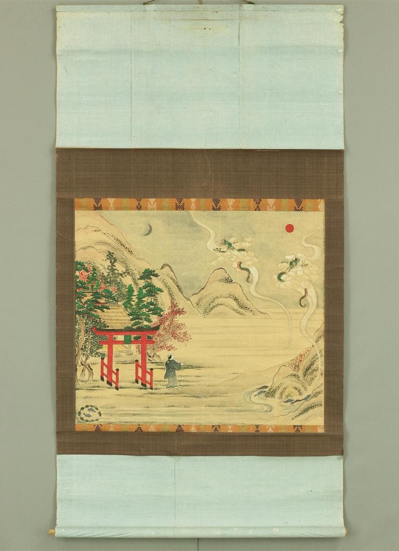無落款 夢相図 掛軸 肉筆 紙本 龍 鯉 月 旭 鳥居 神社 風景