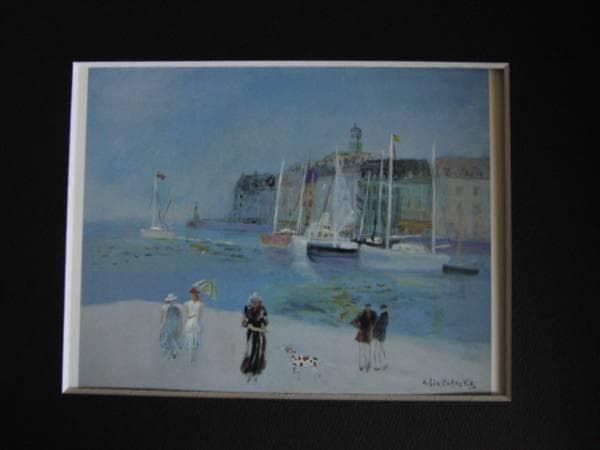 片岡真太郎、南仏の波止場、希少な画集より、新品高級額・額装付