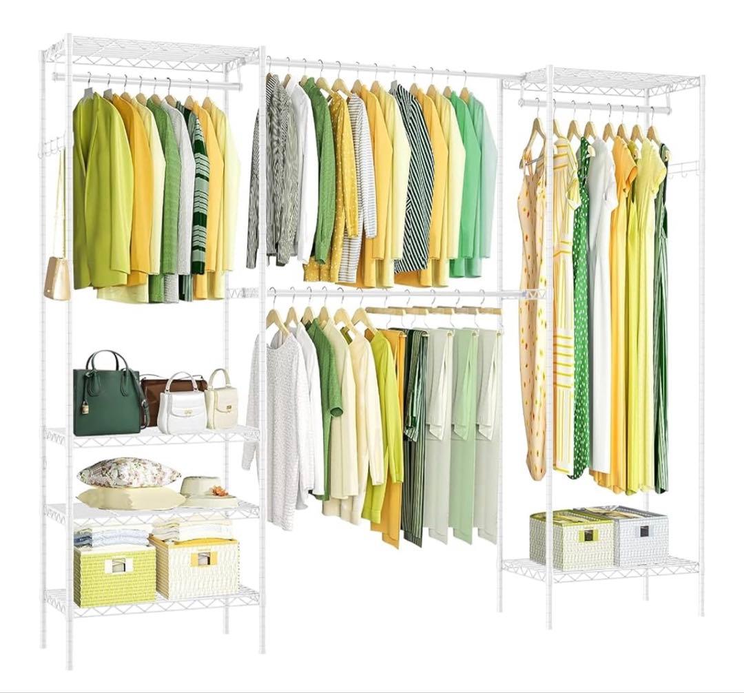 ハンガーラック 幅調整可 伸縮式ワードローブ メタルラック 棚板高さ調節