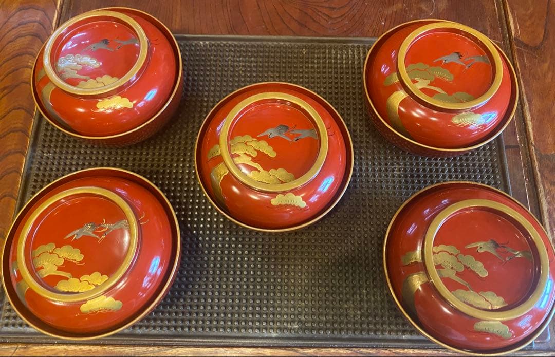 明治期　山中漆器　蒔絵鶴松　箱付5客 古和紙・和歌季語集付き ヴィンテージレア