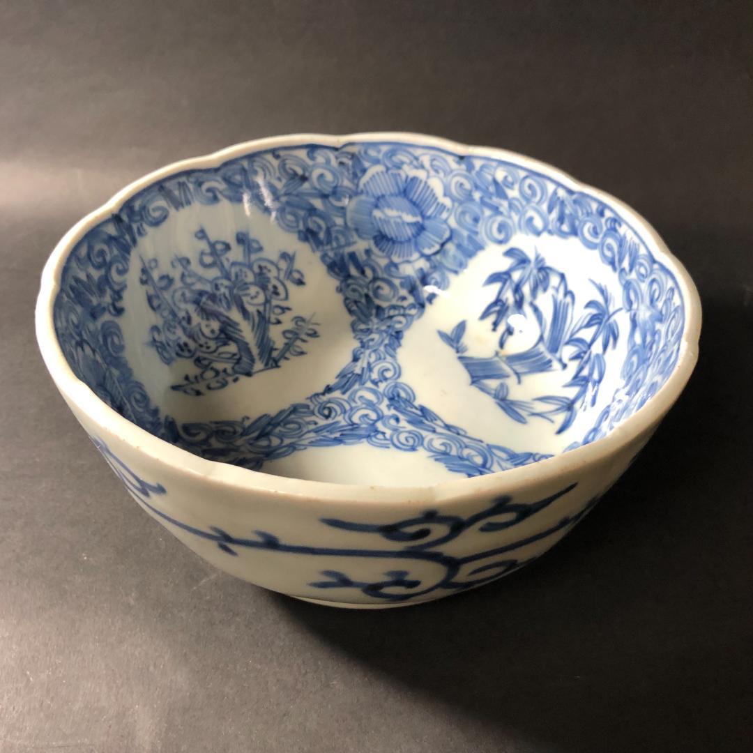 古伊万里　染付　微塵文様に丸文松竹梅文様　六寸鉢　輪花鉢　盛鉢