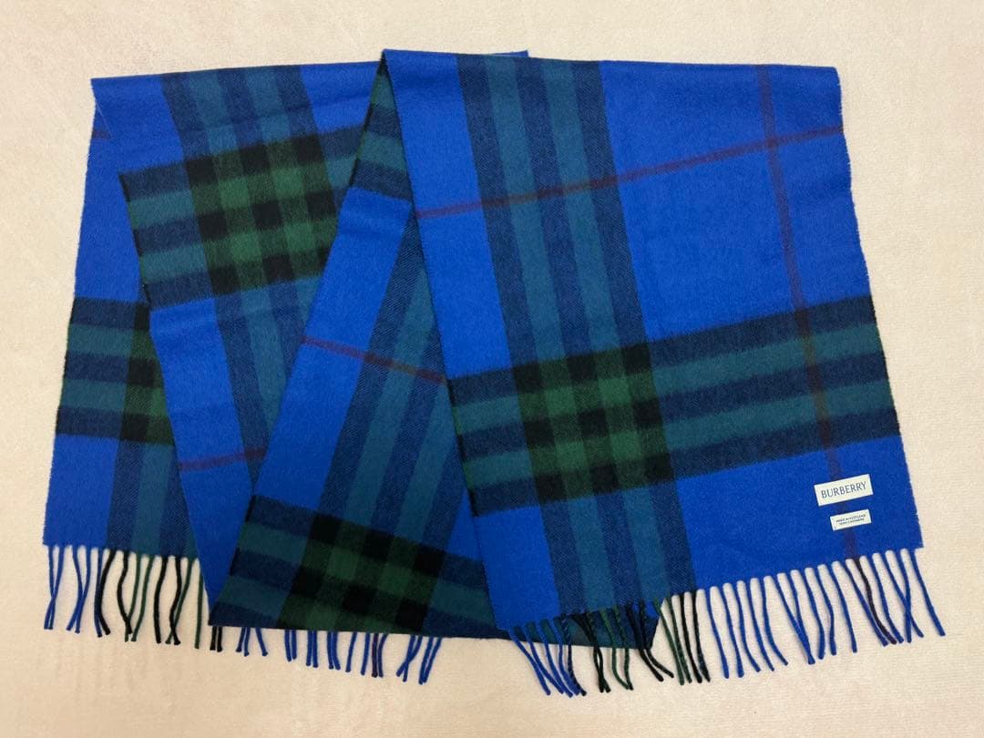 正規品BURBERRY カシミヤ マフラー 青緑チェック　最新タグ