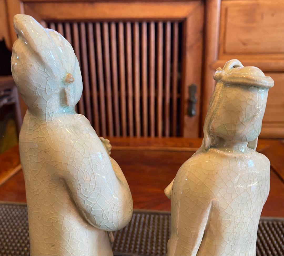 中国　青磁人物像ペア・鑑賞ケース付 ・ヴィンテージ　レア ・中国　台湾茶器