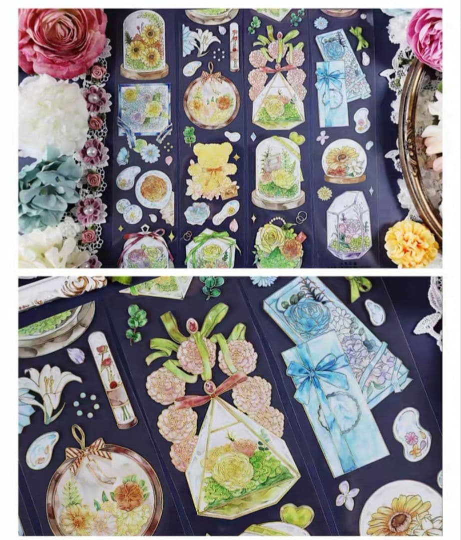 巻売 529★ 海外 マスキングテープ マステ PET 装飾 花 金ホロ