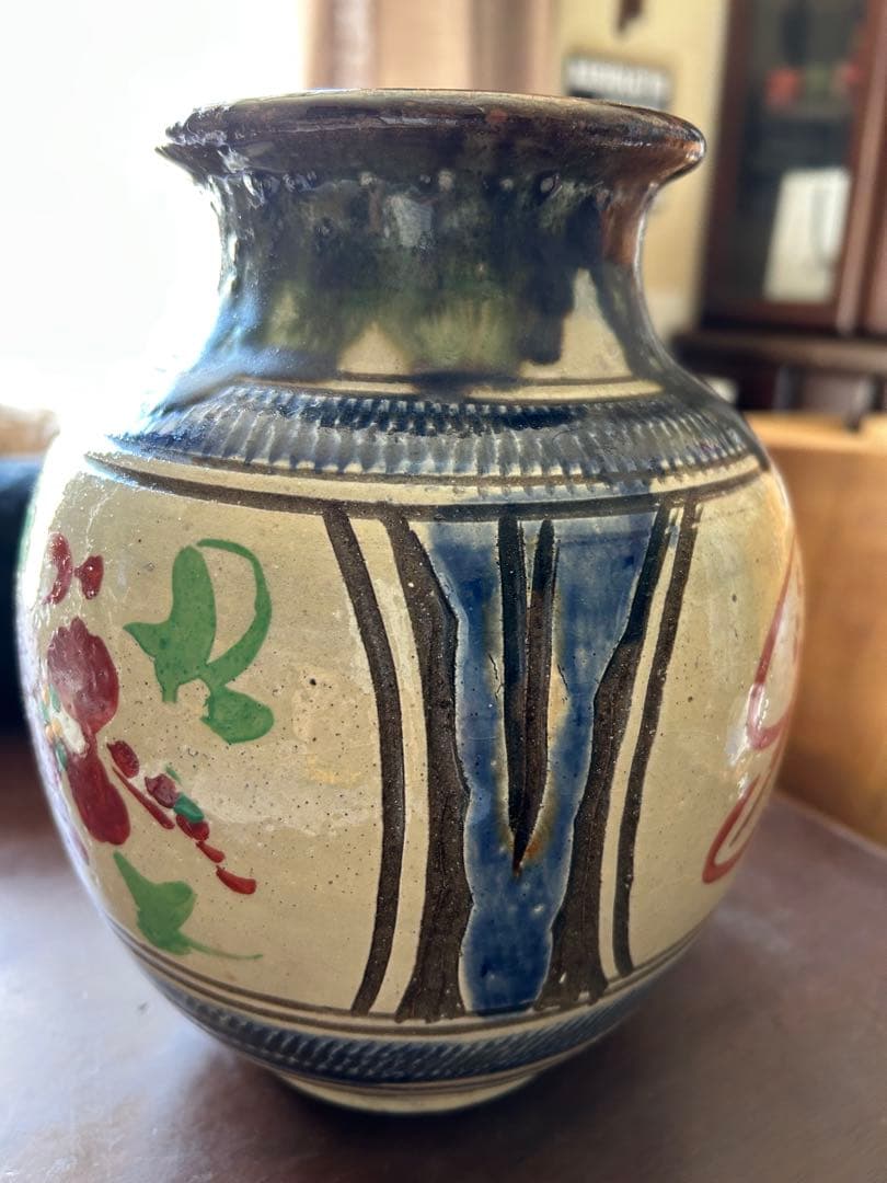 壺屋焼 小橋川清正氏 壺 赤絵 双魚 花瓶 ☆レア