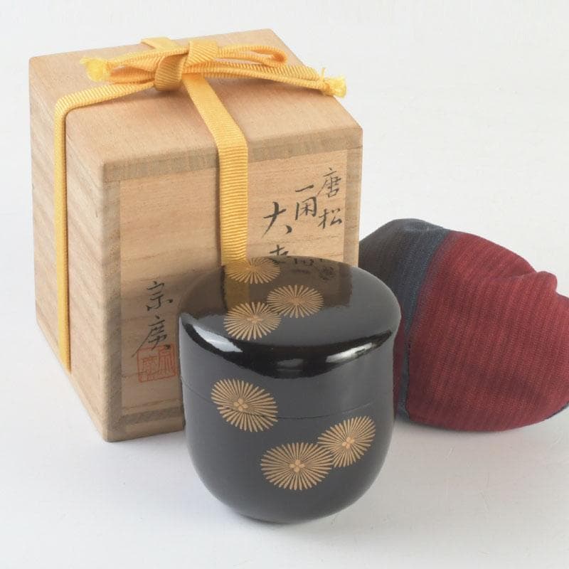 茶道具　山中塗　道場宗廣作　唐松文　一閑　大棗　仕覆付　共箱　V　9545