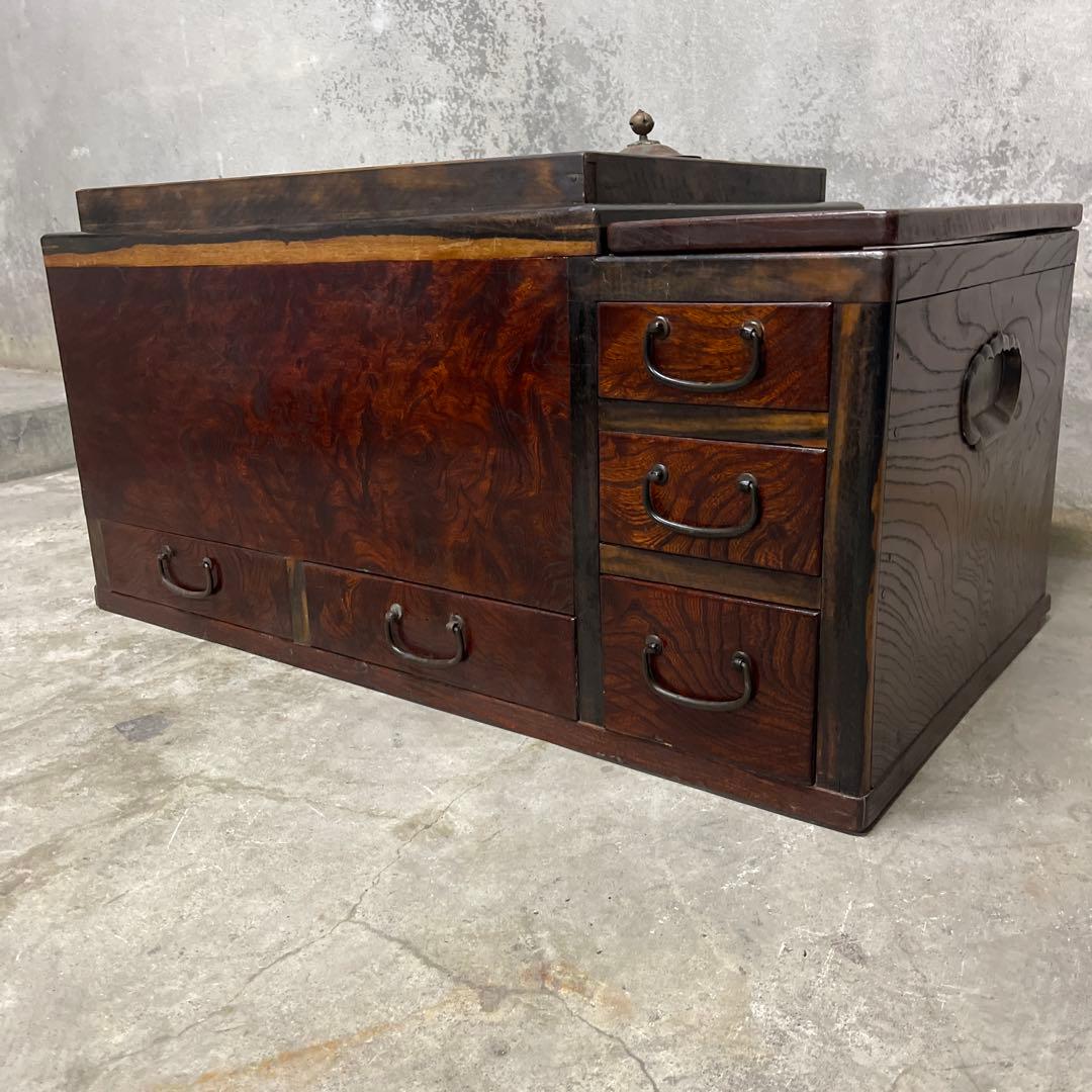 当時物　関東火鉢 欅 長火鉢　銅壺付き　欅　黒柿　猫板　時代家具　アンティーク