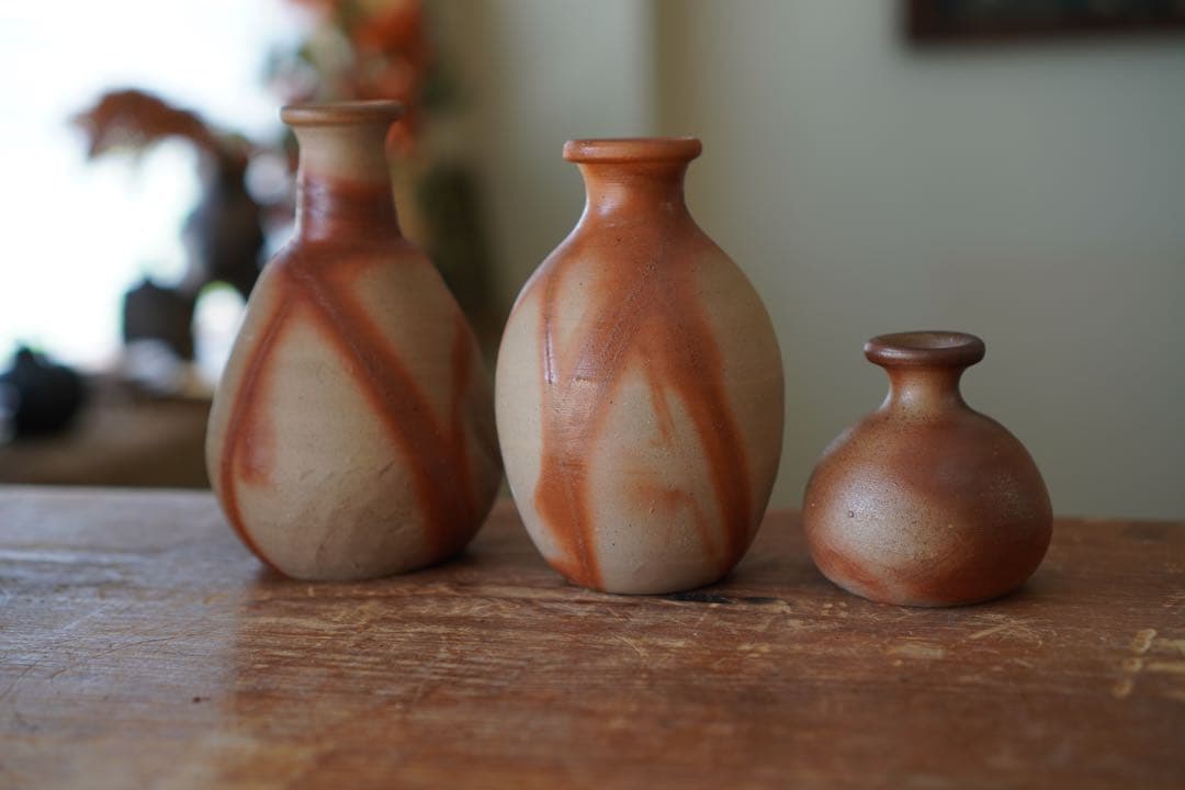 KCK604 備前焼 煎茶椀 湯呑み 一輪挿し 徳利 10客 在銘 伝統工芸品