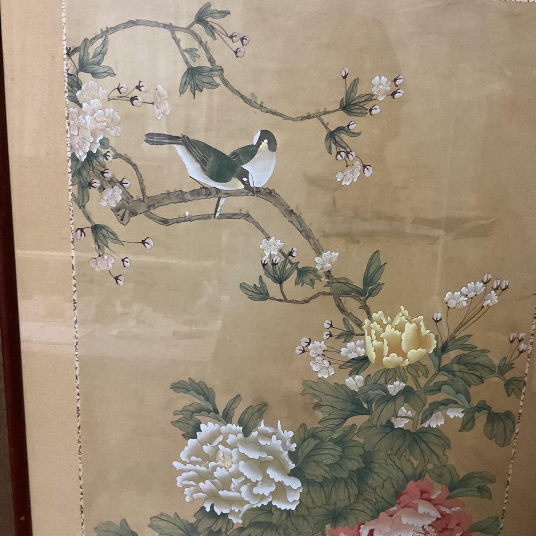 中国画 花鳥図 木枠扁額 【 牡丹に小禽図 】 落款名無 作者不詳