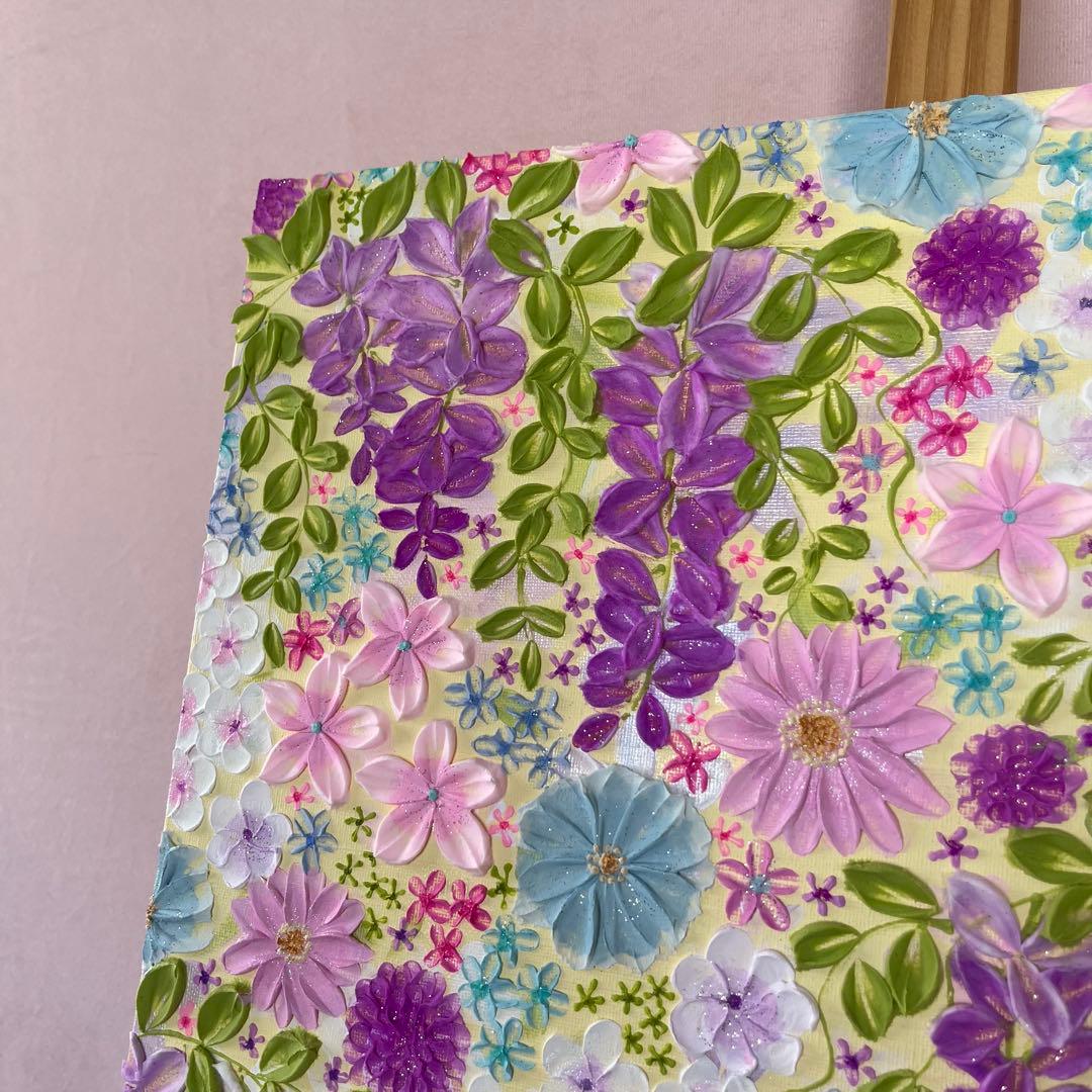 花柄アクリル絵画 藤の花 藤 藤の絵 藤柄 テクスチャーアート ボタニカル