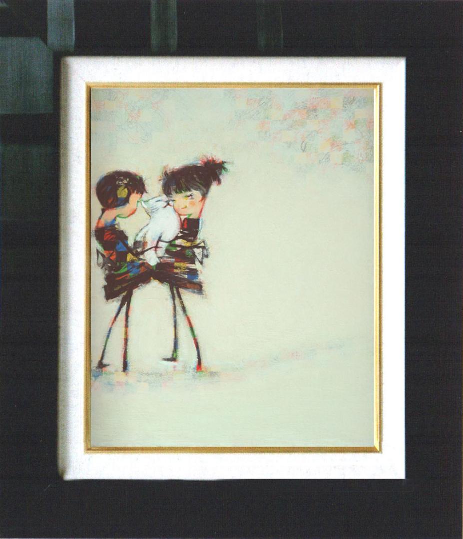 油絵 菅家令子 絵 絵画インテリア 額付(黒) F4-072619 子猫と女の子