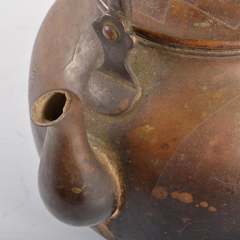 えびけん　煎茶道具　銅製漢詩山水梅文湯沸し　薬缶　時代箱付　M　R6738