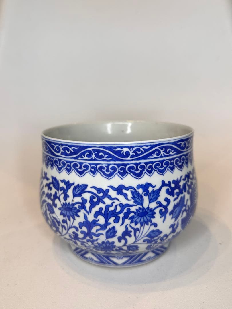 大清道光年製 底款　青花染付　鳳凰文　小缸　中国古美術