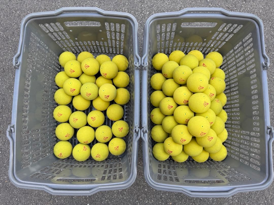 ダンロップ ソフトテニスボール 公認球 中古（80球） イエロー、2カゴ付き