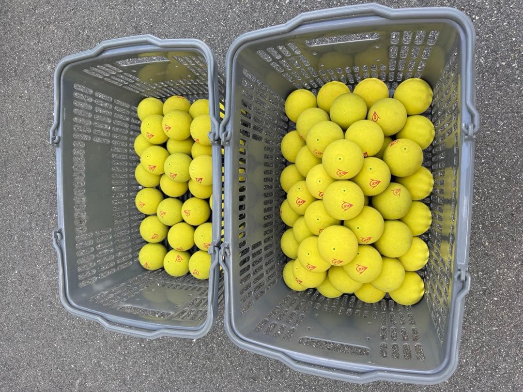 ダンロップ ソフトテニスボール 公認球 中古（80球） イエロー、2カゴ付き