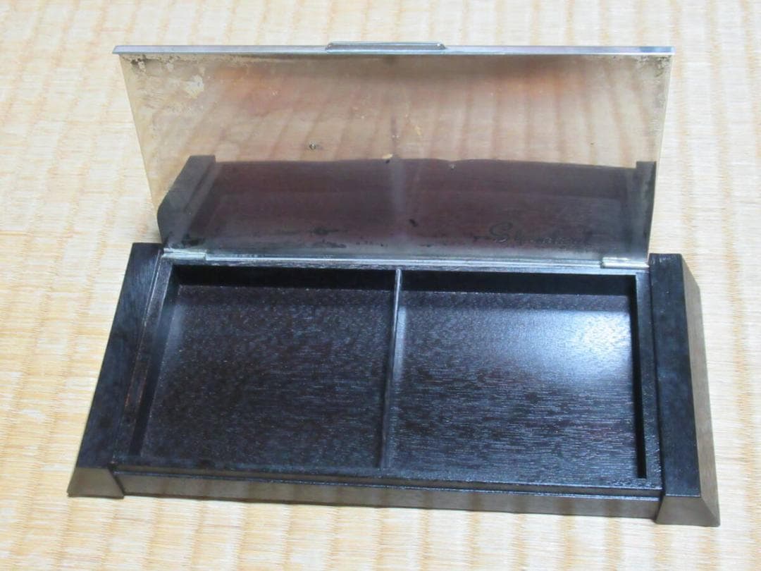 未使用大正時代共箱付◆銀座和光『鮎』金属製彫刻 金属と木製の小物入れ/煙草ケース