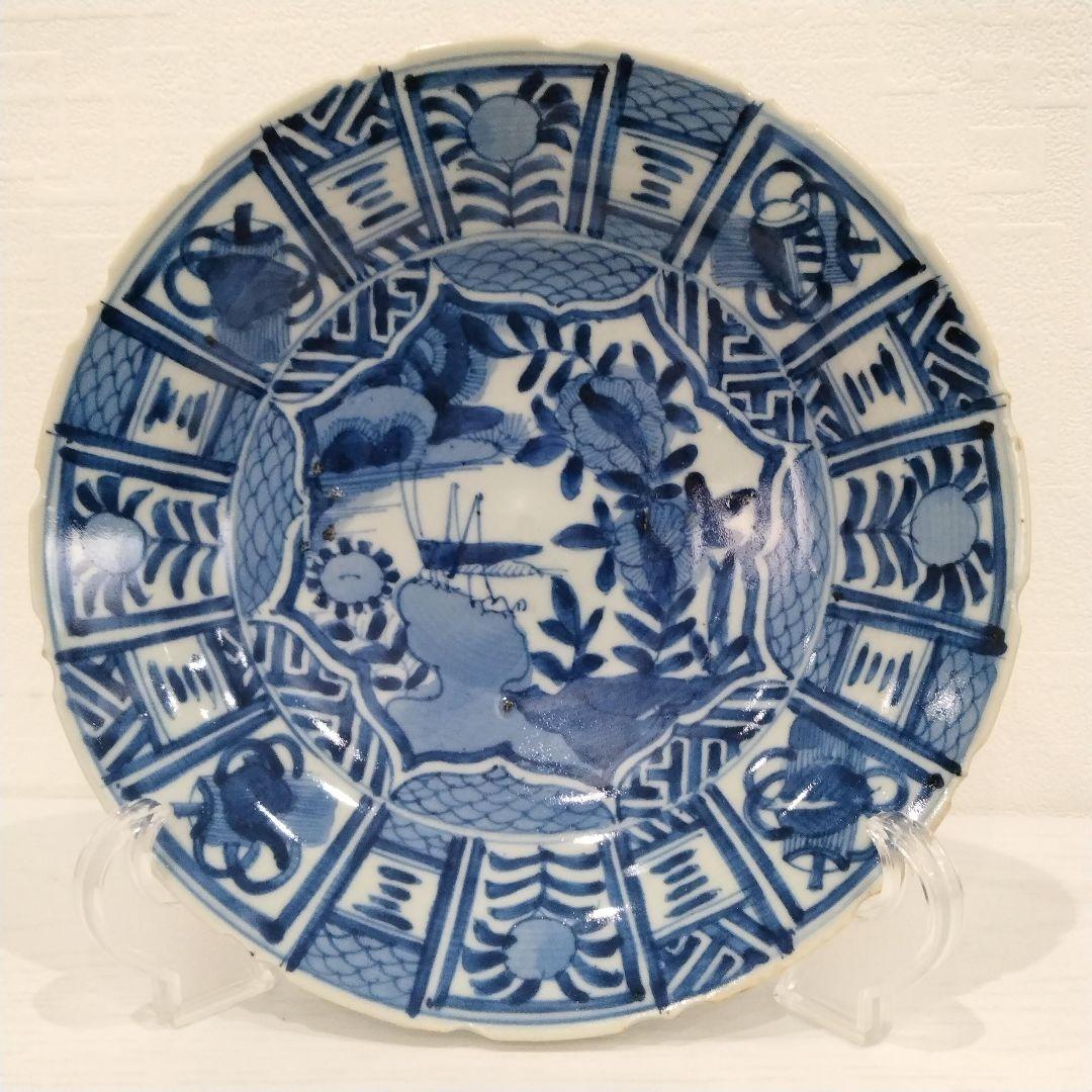 u348-4　中国 清朝期 古染付 芙蓉手 飛蝗文大皿 時代唐物　Q