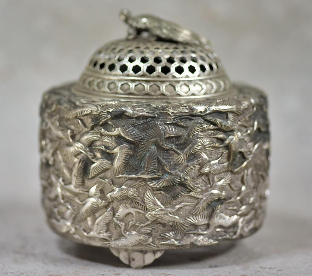 宏采造　華鶴紋香炉　白銅　共箱