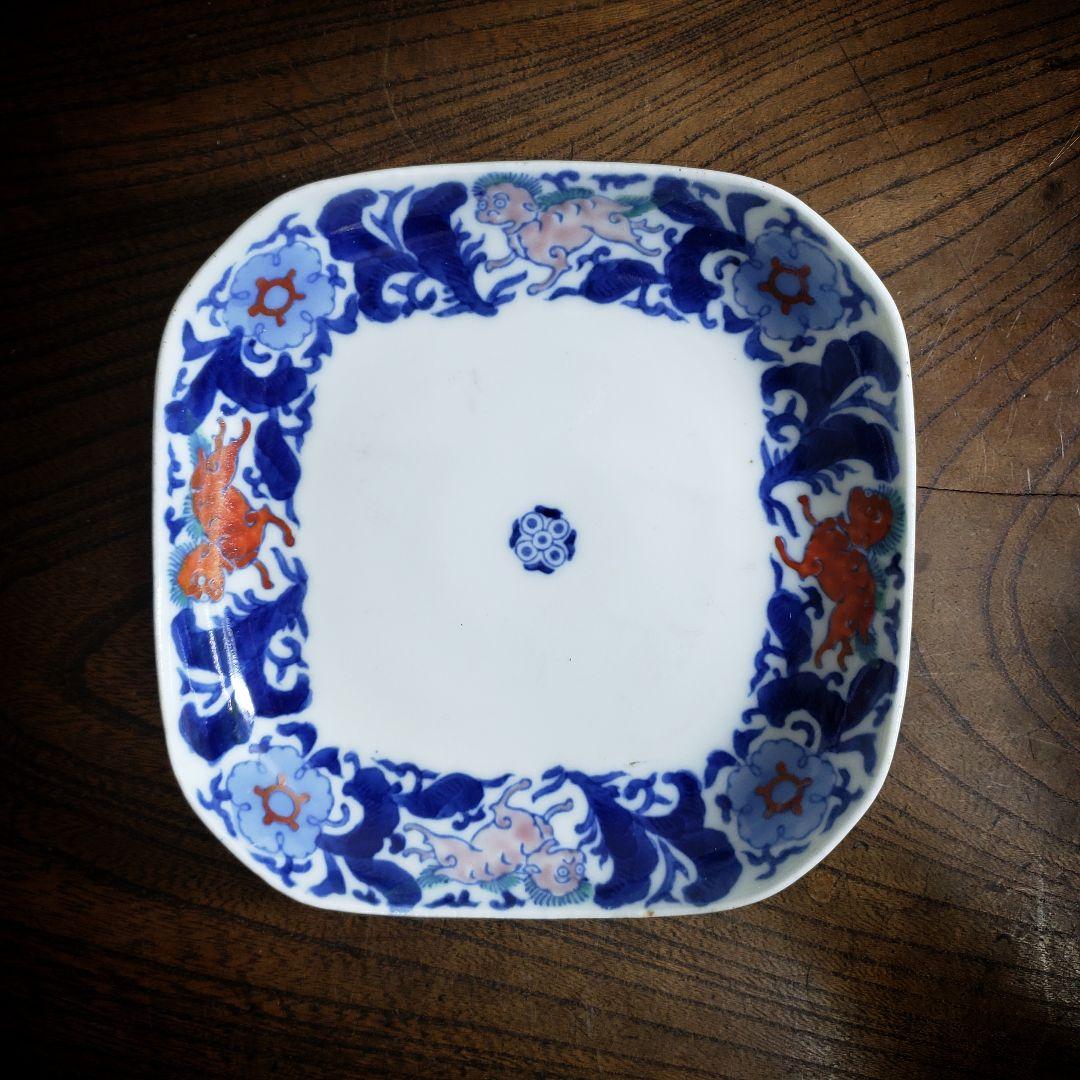 角皿　古伊万里　色絵　獅子　麒麟　七宝紋　唐花草　銘　明治　大正　訳あり