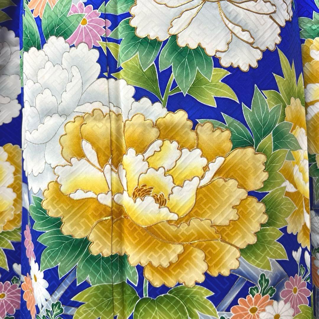 364 振袖フルセット 正絹 青 ブルー 黄色 オレンジ 金彩 駒刺繍 華やか