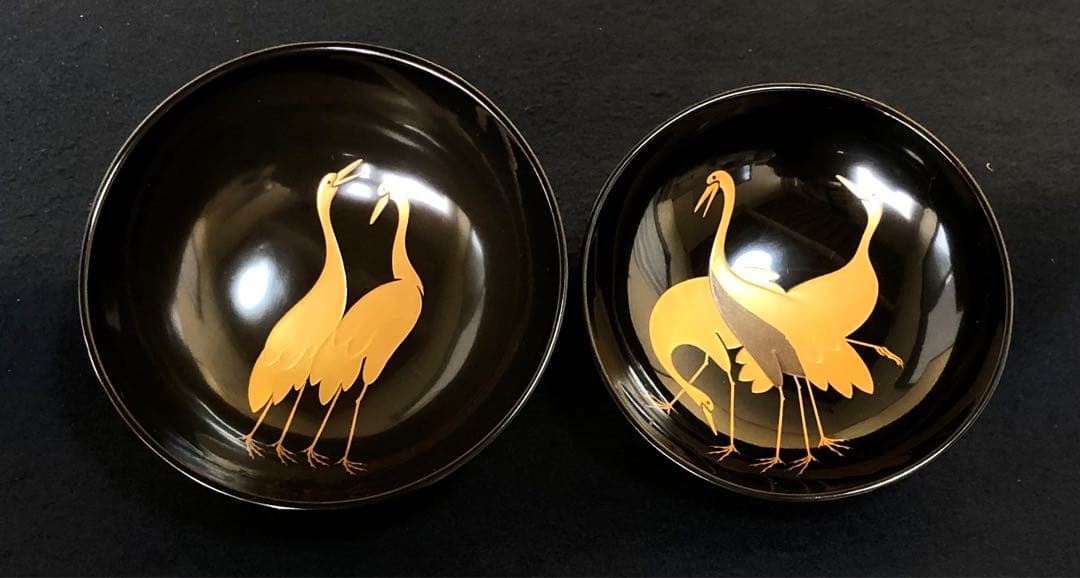 《レ》黒塗 鶴松蒔絵 吸物椀10客 木製漆器 木箱　251117え2