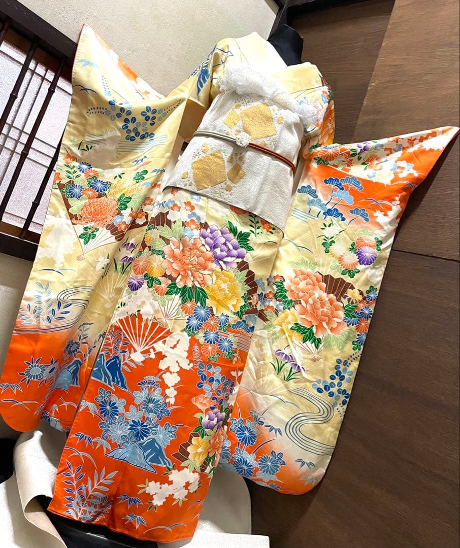 振袖 フルセット6点サイズM〜Ｌ 駒刺繍　扇面草花文　暈し染め　正絹